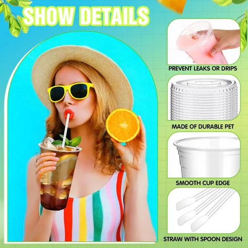 Vista 4 de Eaasty Juego de 50 vasos de plástico transparente de 20 onzas con cuchara, pajitas y tapas planas, desechables, para café helado, postre, yogur