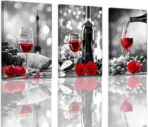Vista 10 de Decoración de vino para cocina, arte en lienzo con rosas de vino tinto, arte para paredes del hogar, blanco y negro, con pintura de vino tinto, arte