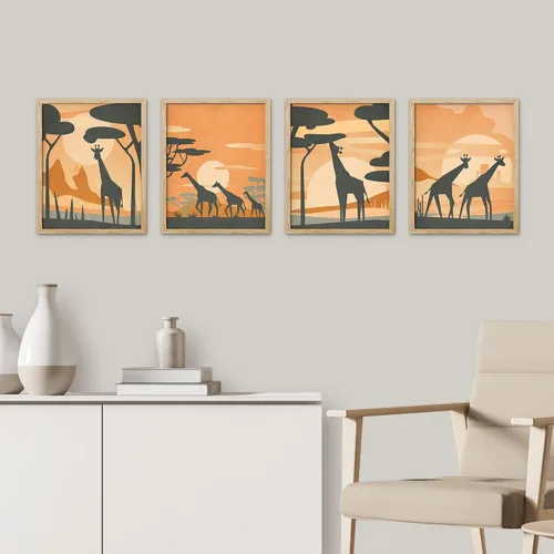 Vista 3 de SIGNWIN Marco de arte de pared de jirafa de safari africano, juego de 4 impresiones coloridas de paisaje, decoración de pared de naturaleza