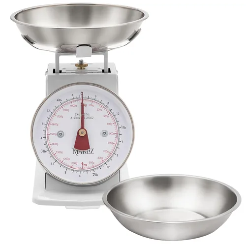 Vista 9 de MARLIZ Báscula de cocina retro pequeña 4.4Lb/4.4 lbs con 2 cuencos blanco Esfera mecánica Vintage Pesa para alimentos bascula