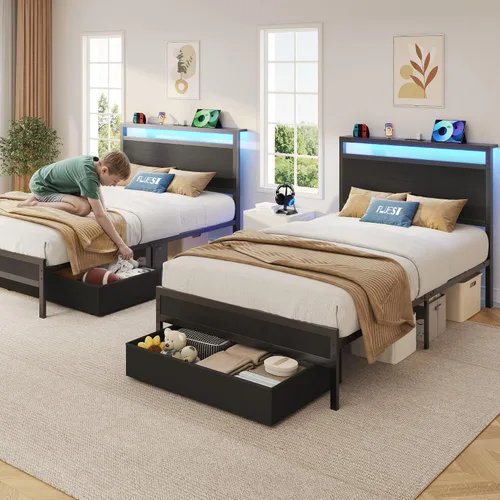 Vista 8 de Fluest - Base de cama individual con cabecero de almacenamiento y cajón de almacenamiento, estación de carga y luz LED, no necesita somier, sin