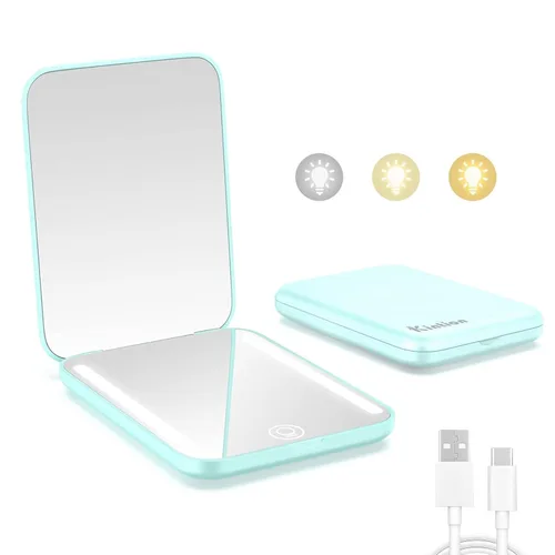 Vista 7 de Kintion Espejo de bolsillo recargable, espejo de tocador compacto de doble cara con aumento 1X/3X, 3 luces de color, regulable, pequeño espejo
