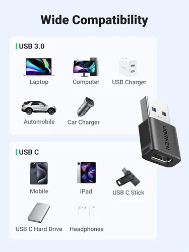 Vista 4 de UGREEN Paquete de 2 adaptadores USB a USB C de 10 Gbps, USB C hembra a USB 3.0 macho, conector de cargador para iPhone 16 15 14 13, AirPods, iPad