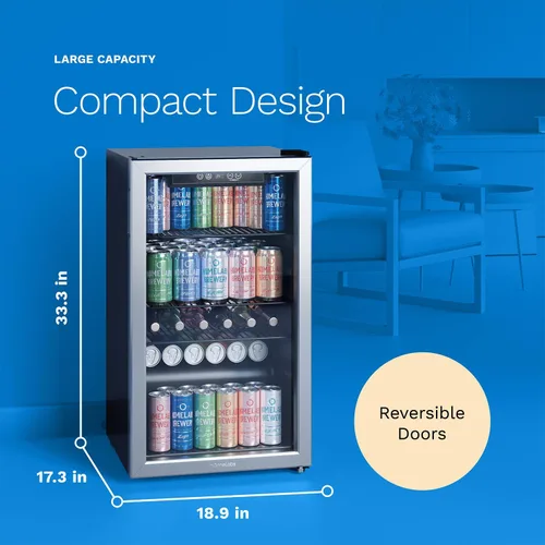 Vista 2 de hOmeLabs Refrigerador y enfriador de bebidas - Mini refrigerador de 120 latas con puerta de vidrio para soda, cerveza o vino - Pequeña máquina