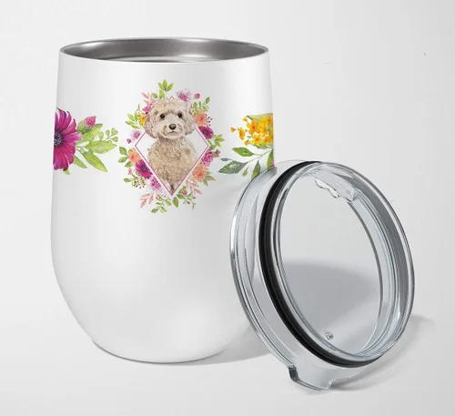 Vista 11 de Caroline's Treasures CK4110TBL12 Afghan Hound Pink Flowers - Vaso de vino aislado de acero inoxidable de 12 onzas con tapa, bonita taza de viaje
