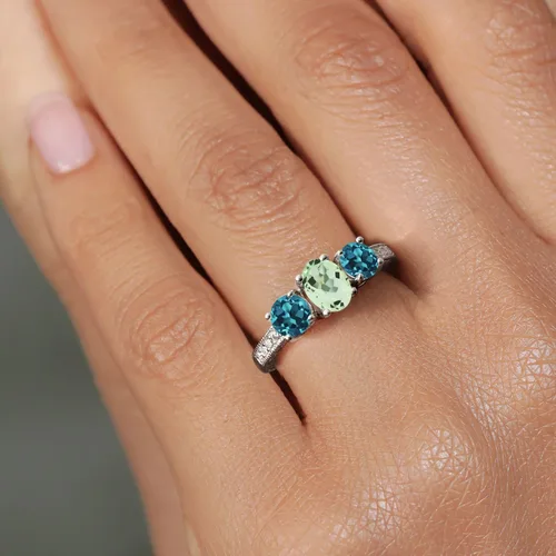 Vista 4 de Anillo de plata de ley 925 de 1,87 quilates con topacio azul ovalado y plata de ley 925 de 3 piedras para mujer