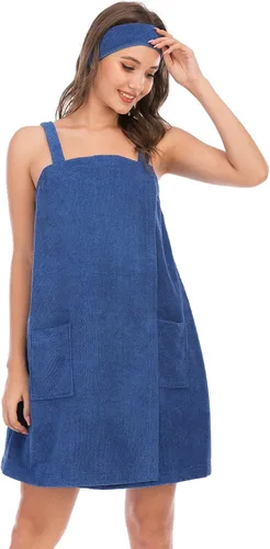 Vista 10 de Rubehoow - Bata de baño para mujer, envoltura de toalla con cierre de velcro ajustable con bolsillos y diadema facial