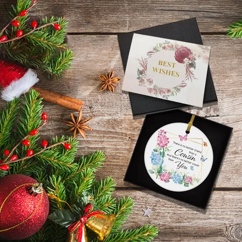 Vista 5 de REWIDPARTY Adorno floral de primo, placa de recuerdo para árbol de Navidad, regalo de graduación, cumpleaños, para mujeres y hombres, adorno