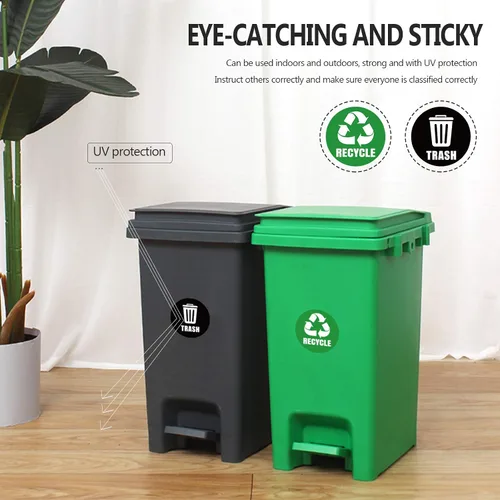 Vista 2 de Calcomanías autoadhesivas con logotipo de reciclaje y basura, letreros redondos para botes de basura y contenedores de basura (6 unidades)