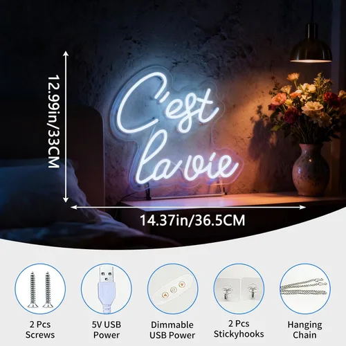 Vista 2 de C'est la vie Letrero de neón LED – Luz de neón blanca con texto en inglés «That's Life», alimentada por USB, decoración de mesa de pared