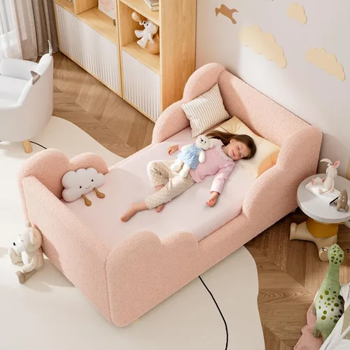 Vista 2 de Cama Montessori tapizada con rieles extraíbles Rosa