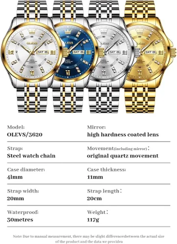 Vista 19 de OLEVS - Relojes de diamantes para hombres, relojes de vestir a prueba de agua, relojes analógicos de cuarzo de lujo con calendario de fecha y correa