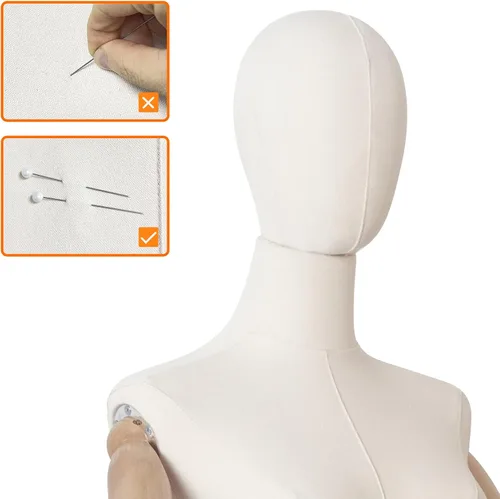 Vista 4 de Maniquí Cuerpo Vestido Femenino Forma Lino Tela Manikin Torso con Cabeza Desmontable Altura Ajustable Soporte de Metal, Dos Manos de Madera