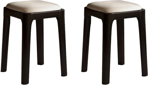 Vista 22 de Sillas de comedor de madera sin respaldo, sillas de cocina apilables, silla de comedor con cojín de piel sintética, silla cuadrada para sala