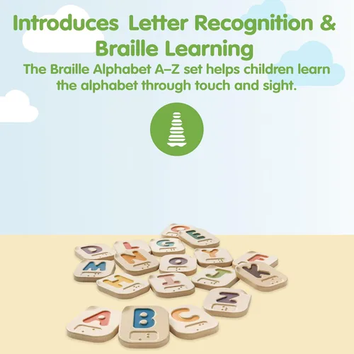 Vista 2 de PlanToys Braille Alphabet A-Z Braille-Reading Alphabet Learning Toys - 26 azulejos de madera trazables fabricados de forma sostenible con letras