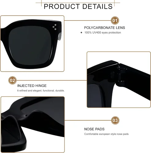 Vista 3 de ANDWOOD Lentes de sol de gran tamaño para mujer, marco ancho cuadrado, retro, moderno, protección UV
