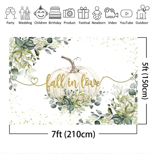 Vista 4 de Mocsicka Fondo de fondo de otoño enamorado, tema de boda, hojas de eucalipto verdes, lunares dorados, calabaza, fondo de vinilo, calabaza