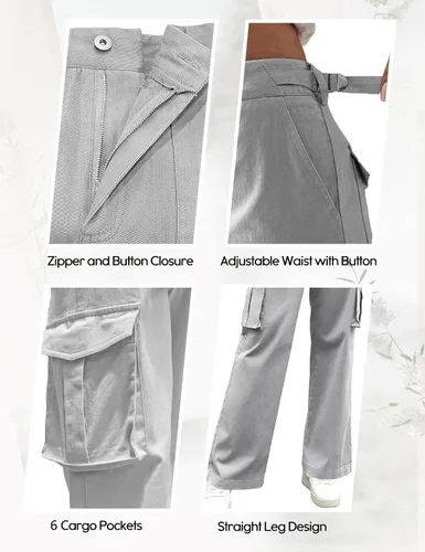 Vista 5 de DIBAOLONG Pantalones cargo para mujer, cintura alta, pantalones casuales de pierna ancha, pantalones Y2K, pantalones holgados militares, 6 bolsillos