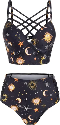 Vista 6 de JMSUN Bikini de verano para mujer, traje de baño de sol, estrella, luna, celosía, cintura alta, tankini traje de baño Negro
