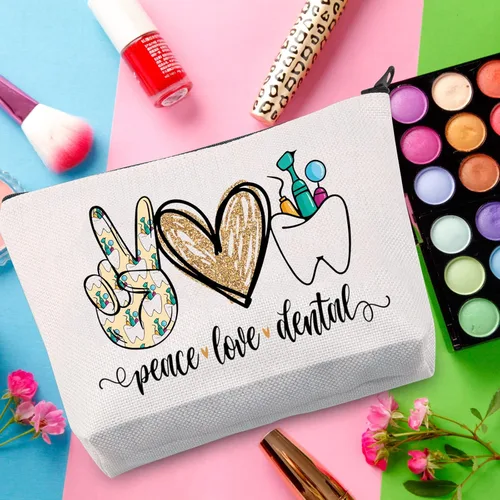 Vista 5 de WZMPA Bolsa de cosméticos dentales Higienista Dental Regalo Paz Amor Maquillaje Dental Cremallera Bolsa Bolsa Para Asistente Dental Dentista, Paz