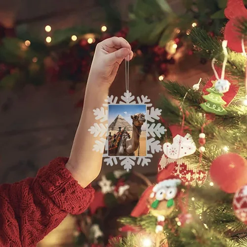 Vista 9 de Adornos de copo de nieve de Navidad con estampado de pirámide de camello, decoraciones colgantes de Navidad, adornos de árbol de Navidad