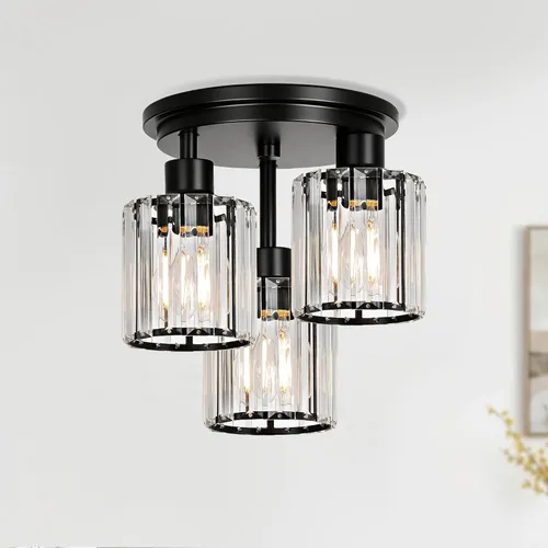 Vista 8 de ROTTOGOON Lámpara de techo semiempotrada de cristal, 3 lámparas modernas cerca del techo, lámpara de cocina negra con pantalla de cristal, lámpara