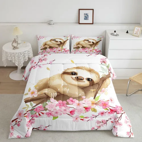Vista 17 de Erosebridal Juego de edredón de perezoso tamaño individual, bonito edredón de plumón de perezoso en árbol para niños y niñas, juego de ropa de cama