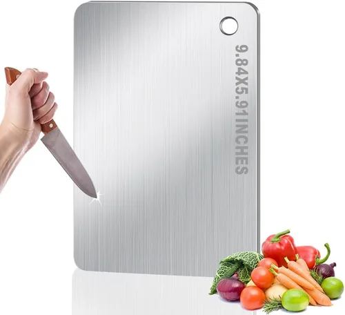 Vista 9 de Tabla de Cortar de Titanio para Cocina, Tabla de Cortar Antiadherente de Acero Inoxidable, Tabla de Titanio de Grado Alimenticio de Doble Cara