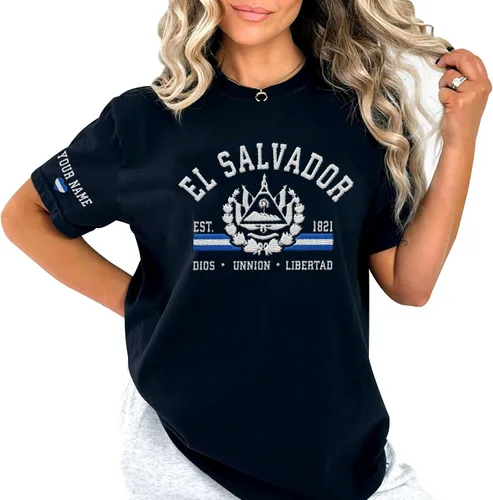 Vista 2 de Ligthuy - Camisa bordada con nombre personalizado de El Salvador en 3D, camiseta con la bandera de El Salvador para hombres y mujeres, camisetas