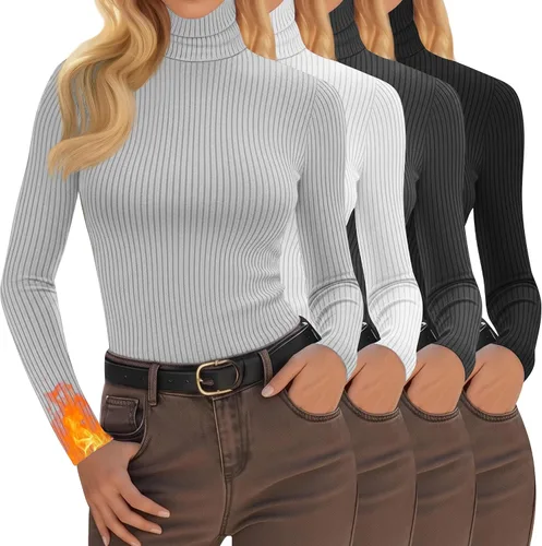 Vista 9 de Oakgarden Paquete de 4 camisetas térmicas de cuello alto para mujer, de manga larga, acanaladas, de algodón, ajustadas, capa base, ropa