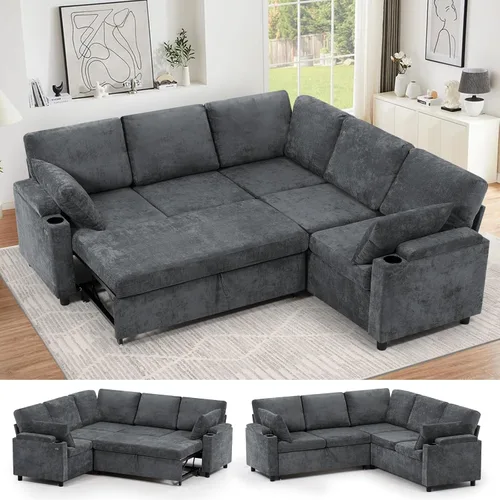 Vista 15 de Sofá modular de felpilla de 85 pulgadas con cama extraíble y Marrón