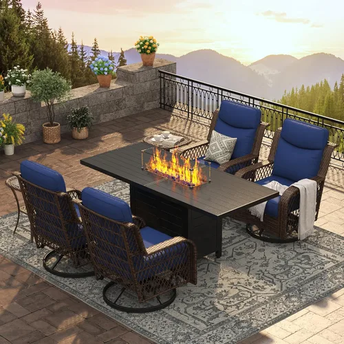 Vista 11 de PIZZELLO Juego de muebles de patio de 10 piezas con mesa de fuego de Cojín azul/mimbre