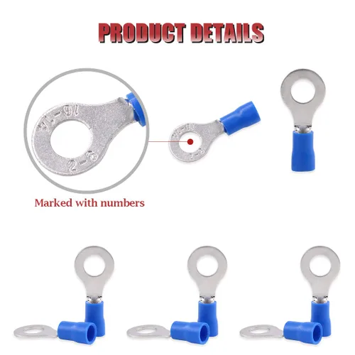 Vista 4 de Hilitchi 100 conectores de crimpado de cables eléctricos de anillo aislado 16-14AWG (azul, M6)