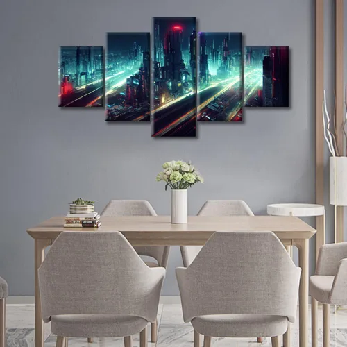 Vista 19 de Cuadros de 5 paneles de Cyberpunk City, arte de pared, representación de vallas publicitarias, edificios modernos en la capital con obras de arte