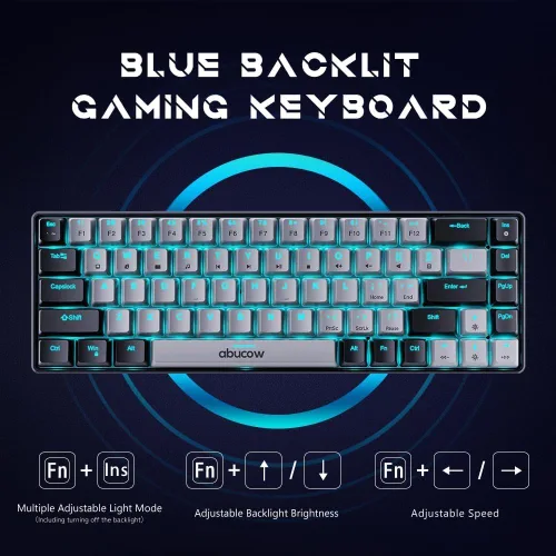 Vista 3 de abucow Teclado mecánico para juegos 65%, teclado compacto con cable con interruptor azul con retroiluminación azul, teclas intercambiables negro