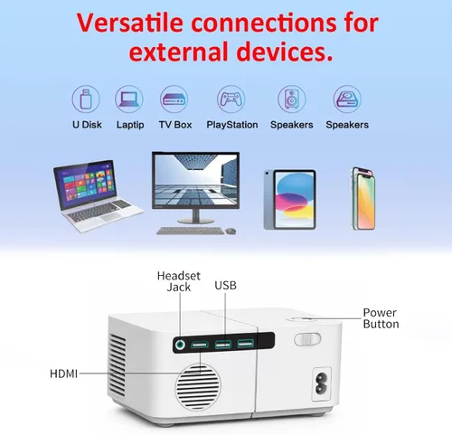 Vista 4 de Mini proyector con WiFi y Bluetooth【Keystone automático y enfoque eléctrico y giratorio】Proyector con soporte integrado Proyector Android adecuado
