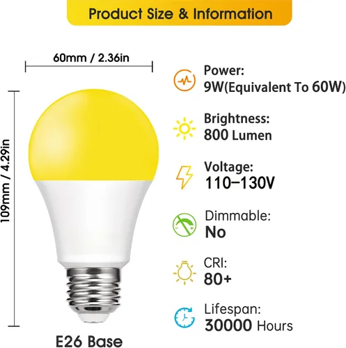 Vista 3 de Bombillas LED amarillas para exteriores, 9 W (equivalente a 60 W) ámbar 2000 K para exteriores, patio trasero, porche, dormitorio, no regulable,
