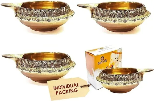 Vista 9 de SATVIK Set of 2 - Pure Brass Kuber Diya for Diwali Decoration Traditional Puja Oil Lamp for Home Temple Brass Diya for Diwali Pooja & Festive Use