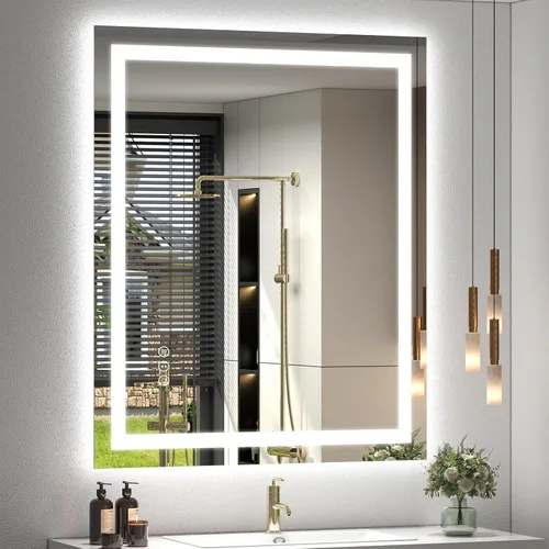 Vista 38 de Espejo de baño LED iluminado de 30 x 30 pulgadas para pared, espejo cuadrado de tocador con luces, regulable, antivaho, a prueba de roturas