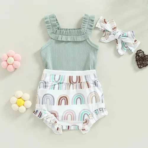 Vista 5 de Engofs Ropa de verano para bebé recién nacido, sin mangas, traje corto, diadema, 3 piezas