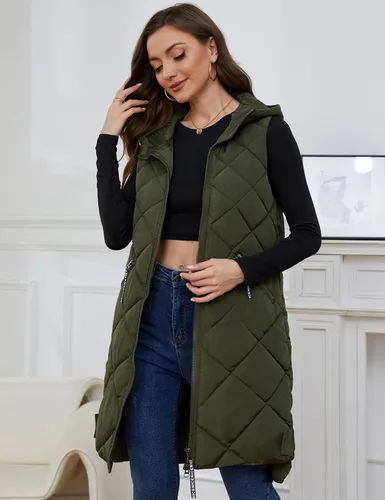 Vista 4 de Gihuo Chaleco largo con capucha para mujer, sin mangas, con burbujas, con cremallera, abrigo cálido con bolsillos