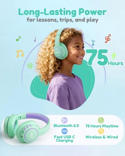 Vista 5 de Acer OHR702 - Auriculares Bluetooth para niños con micrófono integrado Verde Púrpura