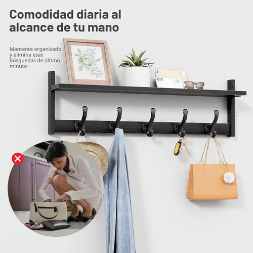 Vista 7 de Tatub Perchero rústico de 29 pulgadas con estante, ganchos de pared de entrada con estante, perchas para baño, sala de estar, dormitorio, negro