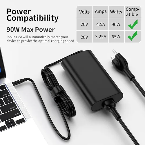 Vista 5 de Cargador para portátil USB C de 90 W compatible con Dell Latitude 5480 5490 5580 7490 7480 7390 XPS 13 9380 9370 9365 9360 XPS 15 9560 LA90PM170