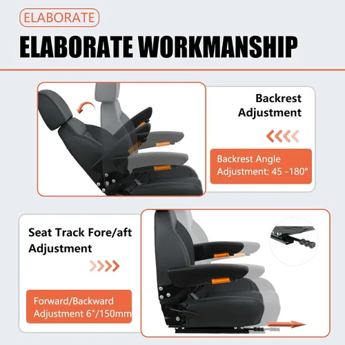 Vista 4 de Asiento Universal de Tractor, Asiento de Carretilla Elevadora con Cinturón de Seguridad y Respaldo Ajustable, Reposacabezas, Reposabrazos