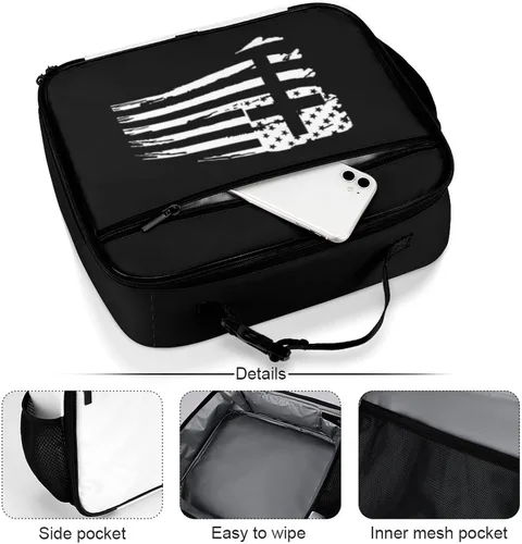 Vista 5 de Lonchera reutilizable con diseño de cruz de la bandera estadounidense, bolsa de almuerzo aislada, lonchera para comida y alimentos, bolsa de mano