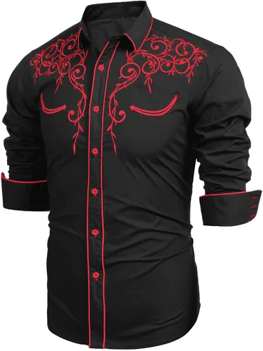 Vista 2 de Coofandy Camisa de hombre de manga larga ajustada con bordado casual de botón