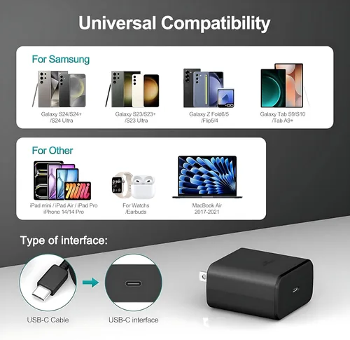 Vista 2 de Samsung - Cargador de teléfono súper rápido compatible con cargador rápido USB C de 45 W, cable de carga rápida de 10 pies tipo C para Samsung