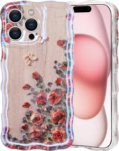Vista 10 de IDweel Funda para iPhone 11, Lujosa Pintura al Óleo Retro Colorida con Patrón de Flores Brillantes Impresas, Lindo Borde Ondulado Rizado, Exquisita