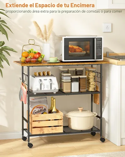 Vista 3 de Isla de cocina con 3 estantes, carrito de cocina rodante con 6 ganchos y estante protector, soporte de microondas con ruedas bloqueables, estante